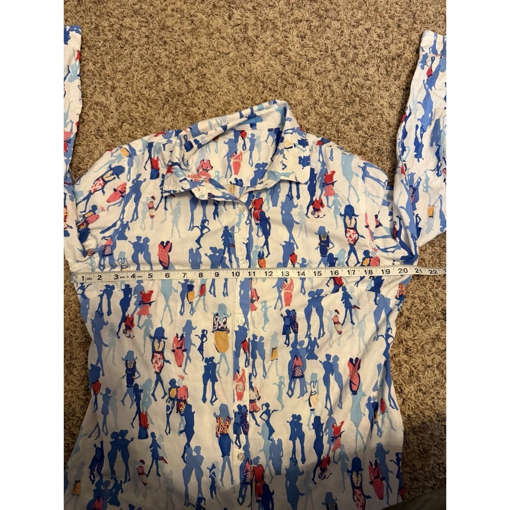 J McLaughlin Women's M Button Front Shirt Blue Pink Novelty Print Cotton Blouse - Picture 4 of 5